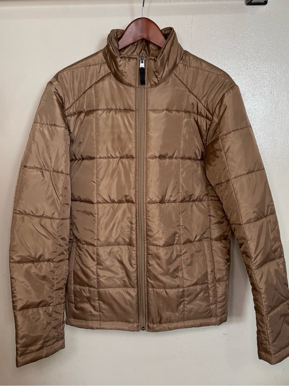 Eddie Bauer Quilted Puffer Jacket Men M Brown Mock Neck Full Zip Minimalist Gorp